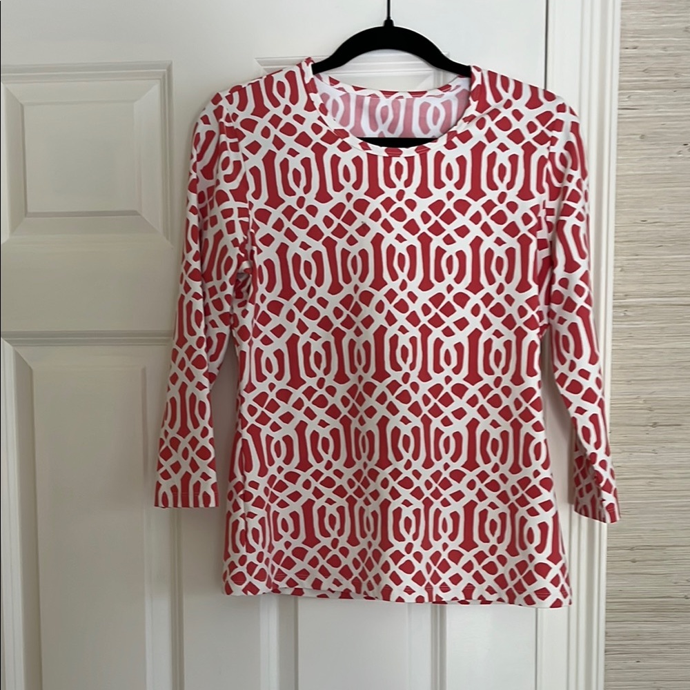 J. McLaughlin Red and White Fitted 3/4 Sleeve Blouse